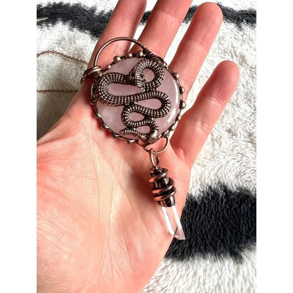 Divine LOVE Rose Quartz + CLear Quartz Point Serpent Snake Pendant Necklace - Picture 1 of 6